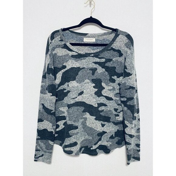 Lucky Brand Womens Medium Camo Hacci Crew Neck Top Gray Long Sleeves Cozy - Picture 2 of 9